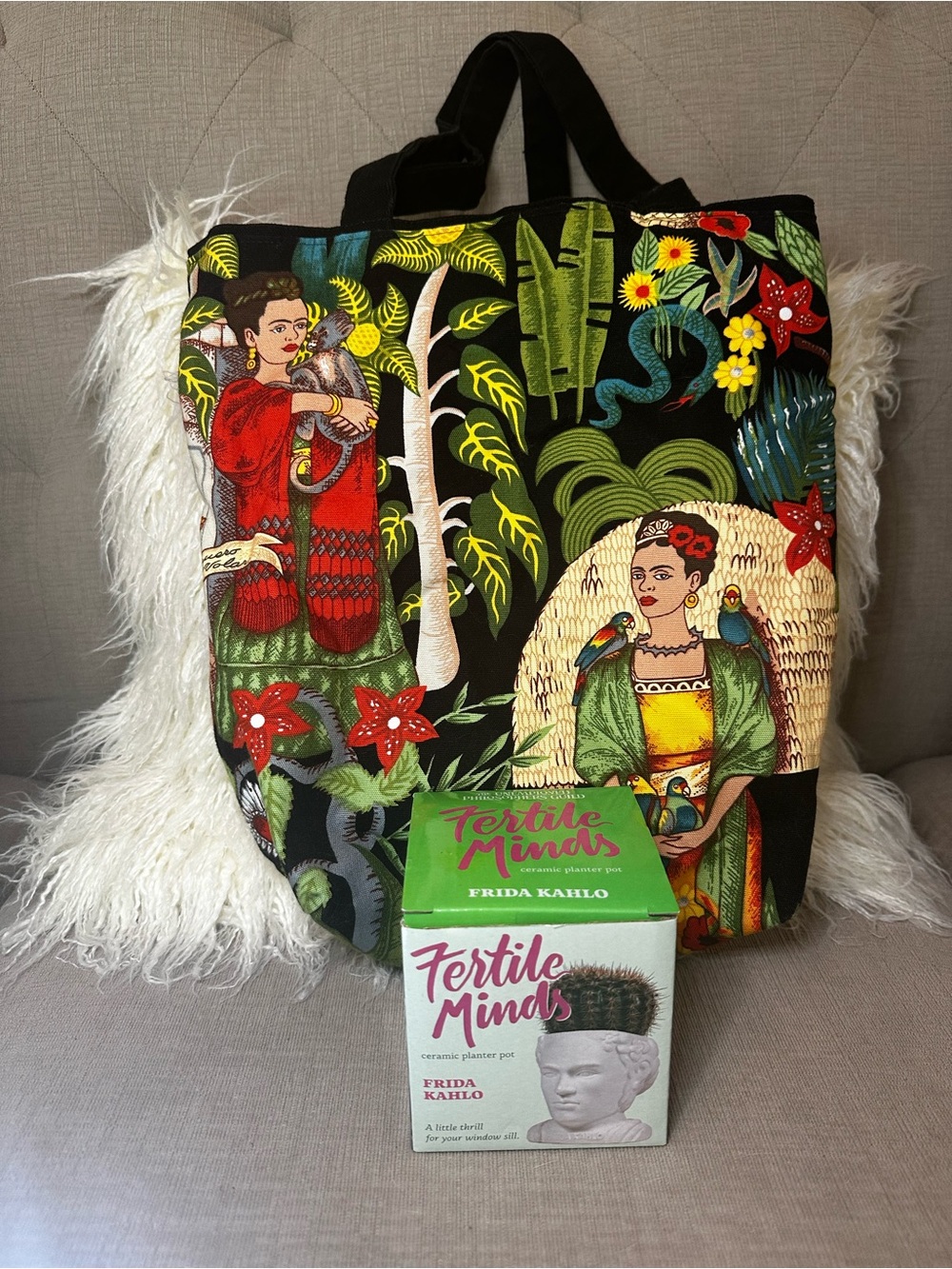 Frida Kahlo Graphic Canvas Tote – Black with Multicolor Print And Planter